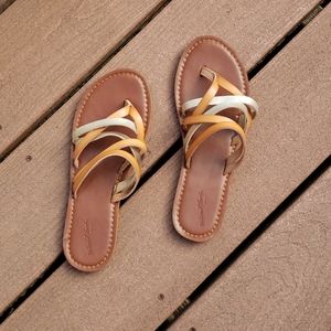 Brown and gold multi strap toe sandals, 8.5